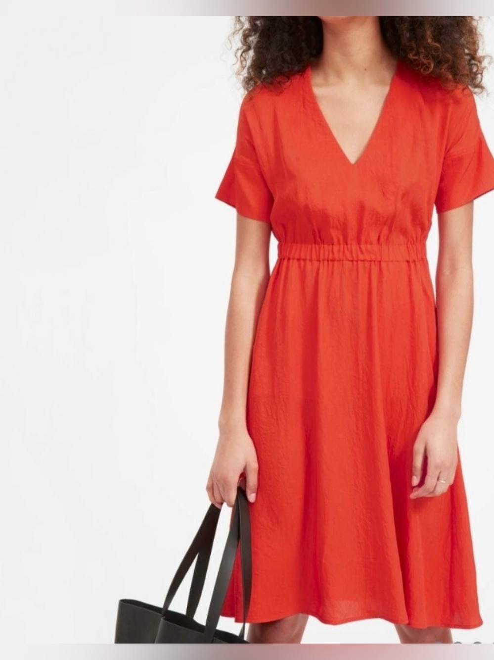 Everlane Japanese go-weave V-Neck Elastic Waist Midi Dress - Poppy Red/Orange